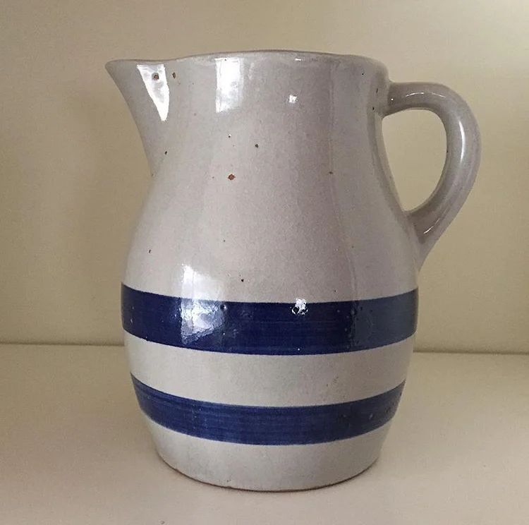 SOLD - Vintage Gray and Navy Striped Pottery Pitcher