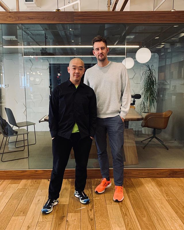 Wonderful afternoon catching up (and learning) from @wework co-founder @miguelmckelvey 🙇🏻♂️ #Size16Tho #HeNeedsHelpWithKicks
