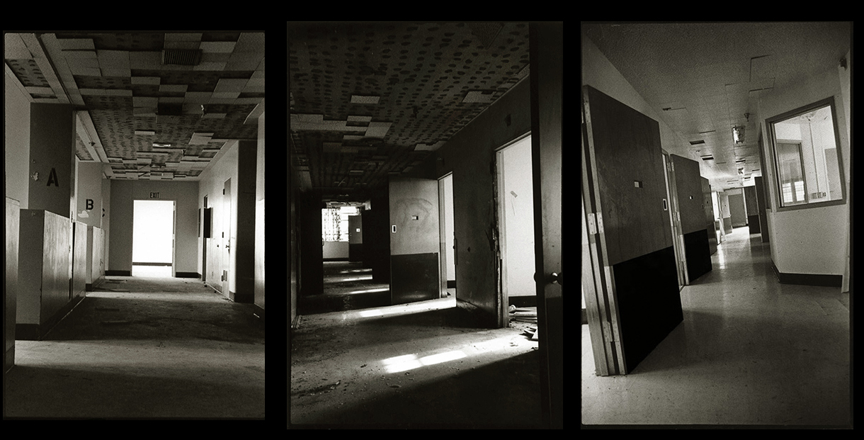 Left: A corridor on the 2nd floor by the A B C bays. Middle: Hallway in a solitary confinement corridor. Right: Corridor with solitary confinement rooms and nurse's station.