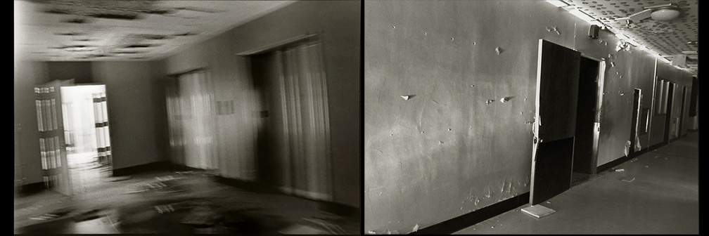 On the Left: Hallway on the 2nd Floor by the Elevators...My camera slipped! One the Right: Corridor on the bottom floor late afternoon sun illumination.