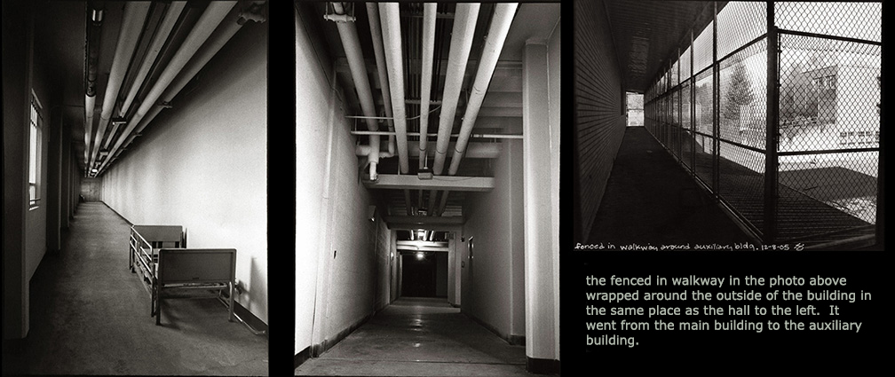 The 2 photos on the Left/Middle show opposite aspects of the same hall and go from the main building to the subterranean tunnel system. In the left photo, at the very end of the hallway is the doorway to the main building. In the middle one there are elevators at the end of the hall to the right that take you up to the auxiliary building. At the very end, past the elevators, was a door that led to the tunnels.