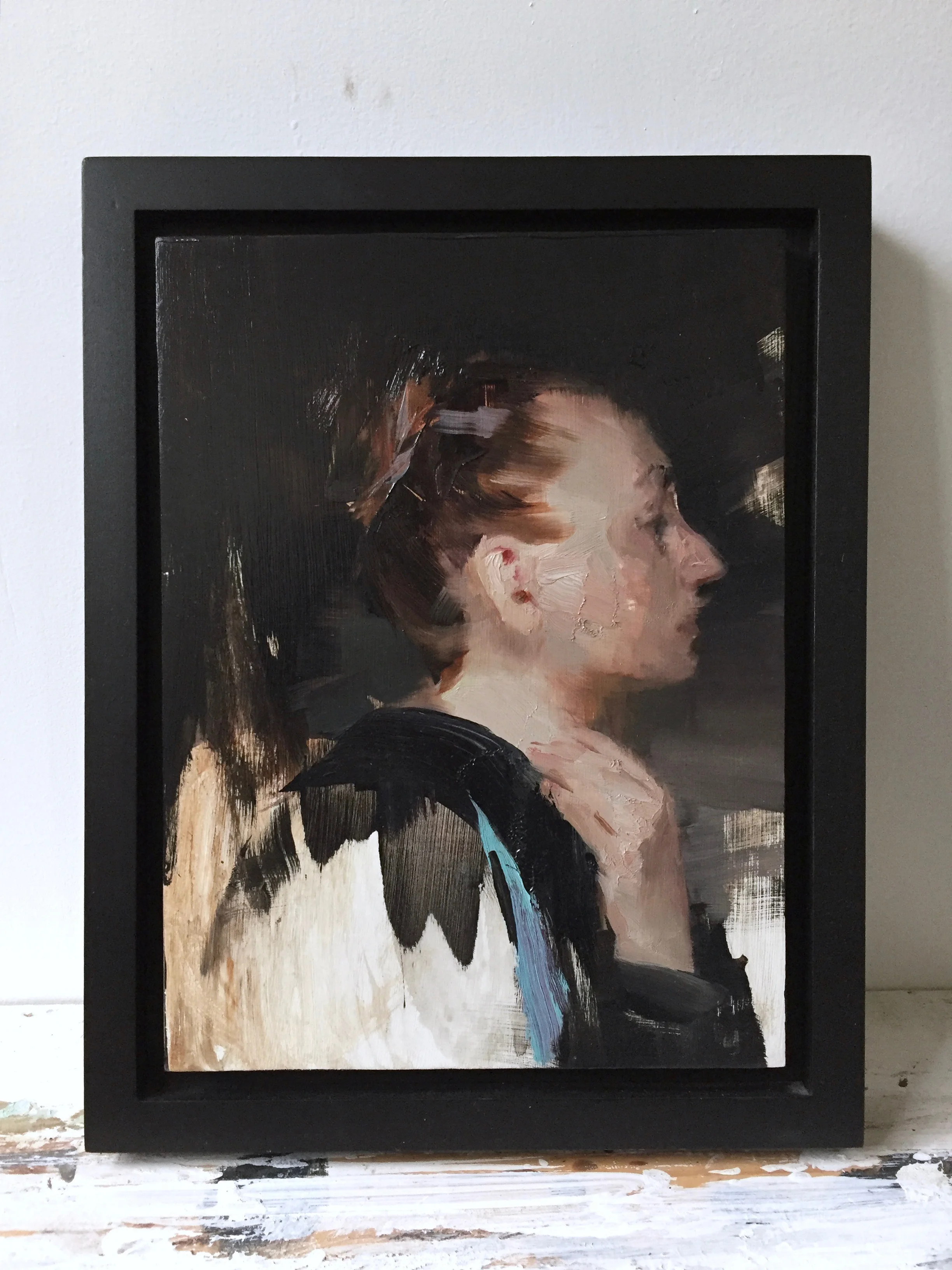 Woman in profile, 12 X 9 inches, oil on panel, Framed