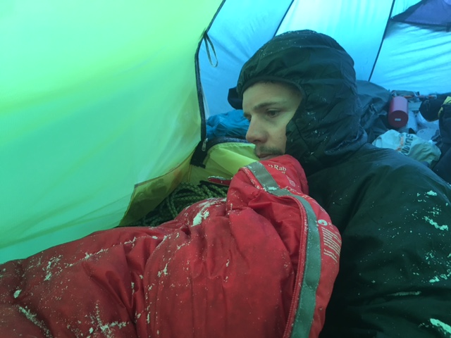 This is what we woke up to every morning. We breathe in the night, our breath freezes to the tent, it snows on us in the morning. Not a pleasant start to the day and I'll never complain about getting out of bed again.