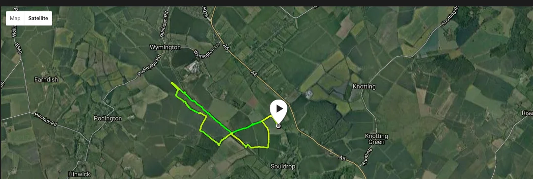 Map tracking our route, starting north of Souldrop village