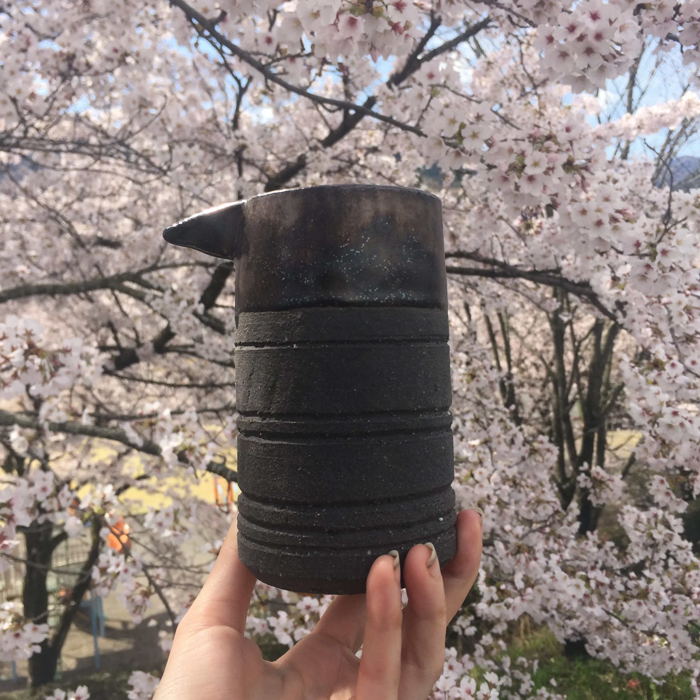 This was one of the pieces out of the first kiln at Shiro Oni. Black clay with black metallic glaze. 