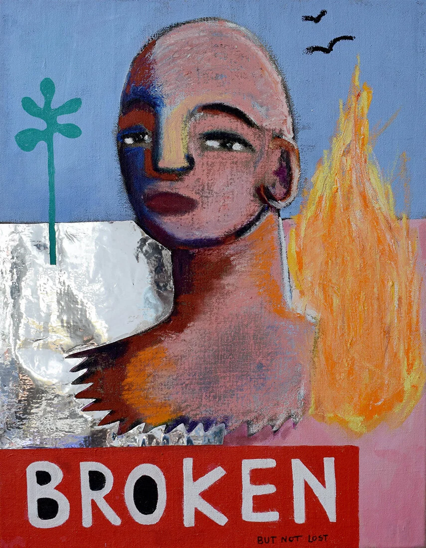 ‘Broken’ 2018, Acrylic, Oil, Reflective material on Linen, 90x70cm