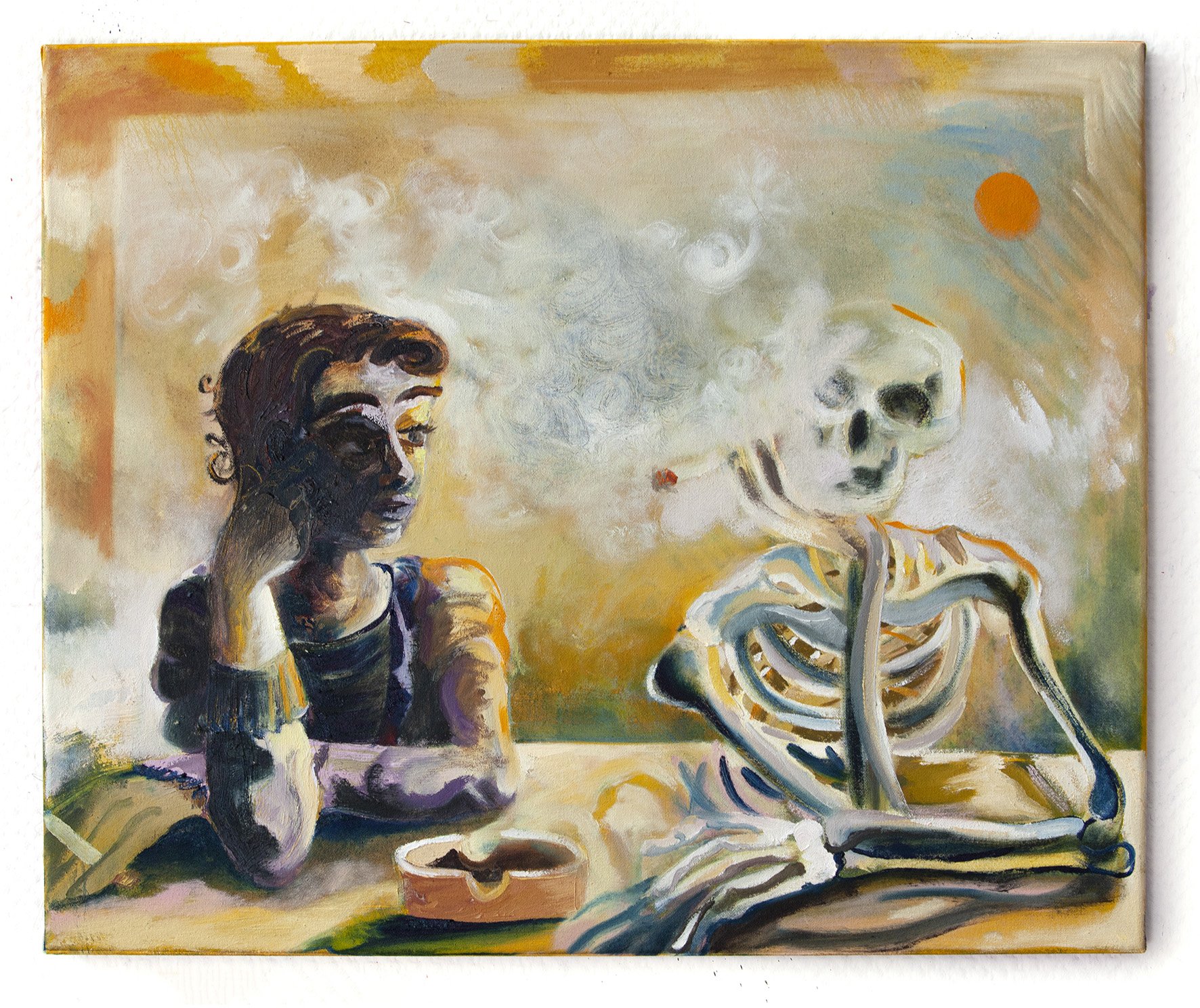  ‘Death considers his nicotine’ 2022, Oil on linen.       50 x 60 cm 