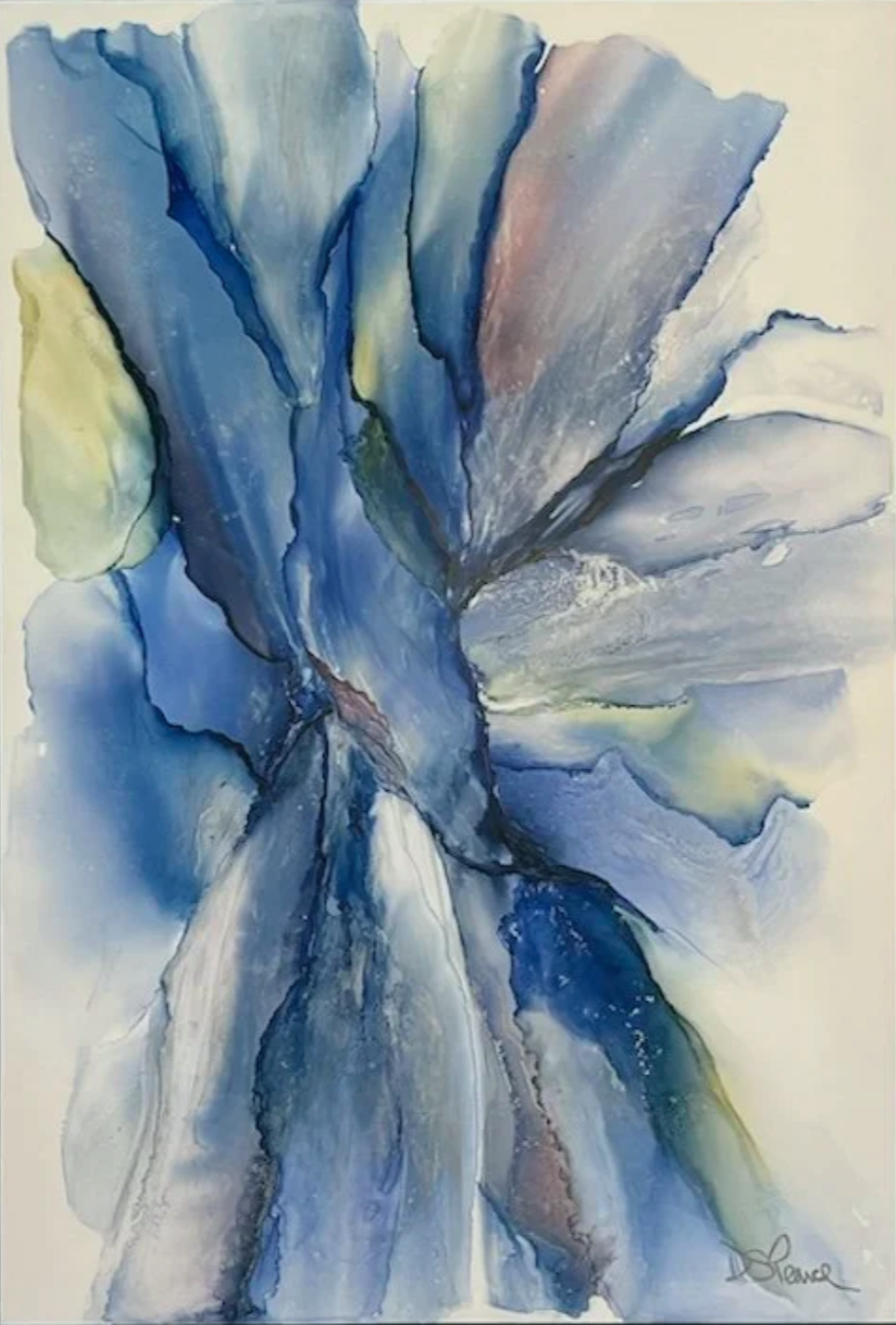 "Florida Blues"- 28” x 32”: Alcohol inks on Nara paper. 