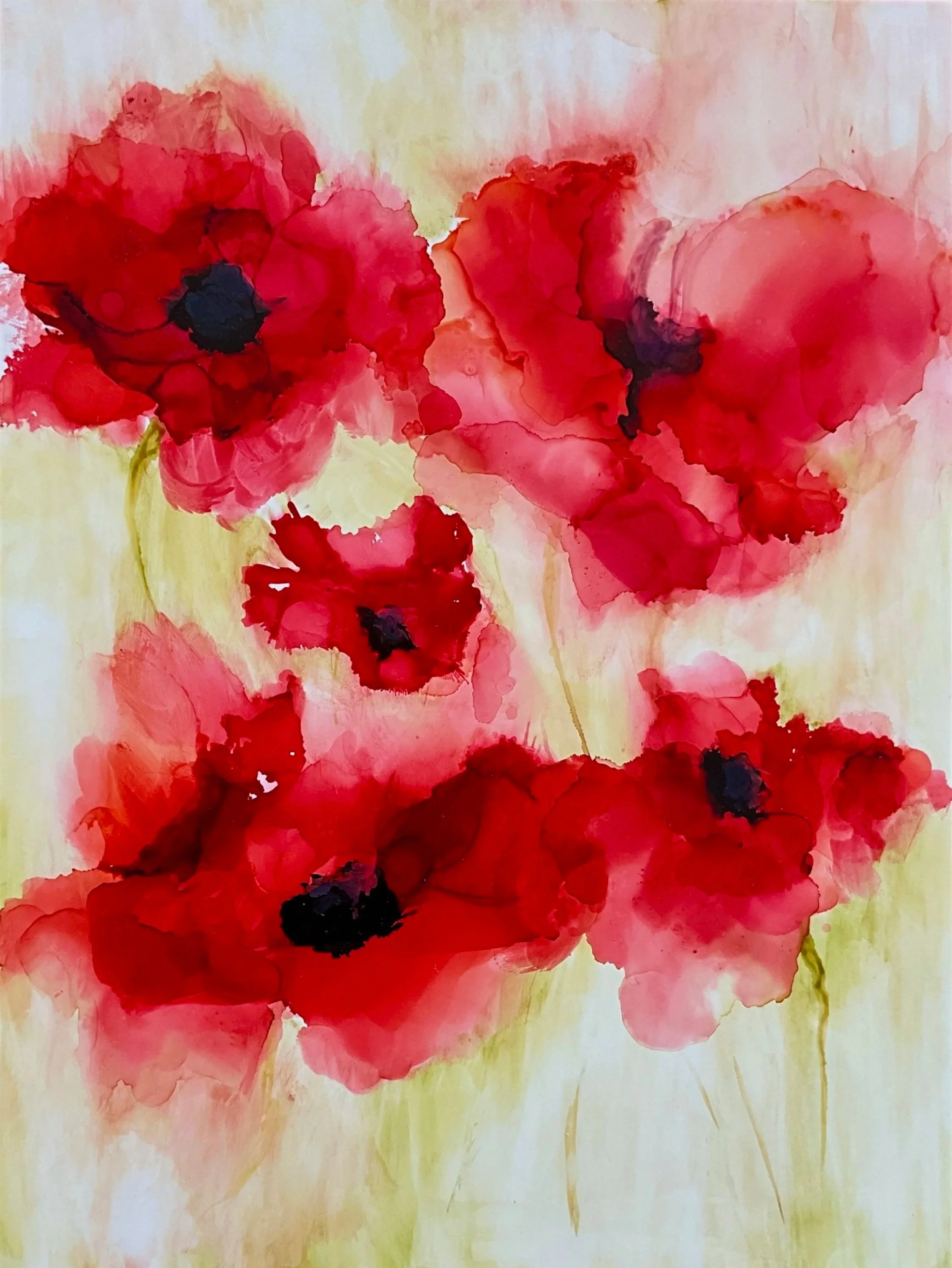 "Poppies a Plenty"- 12” x 16” (framed): Alcohol Ink on DaVinci Pro Panel. SOLD