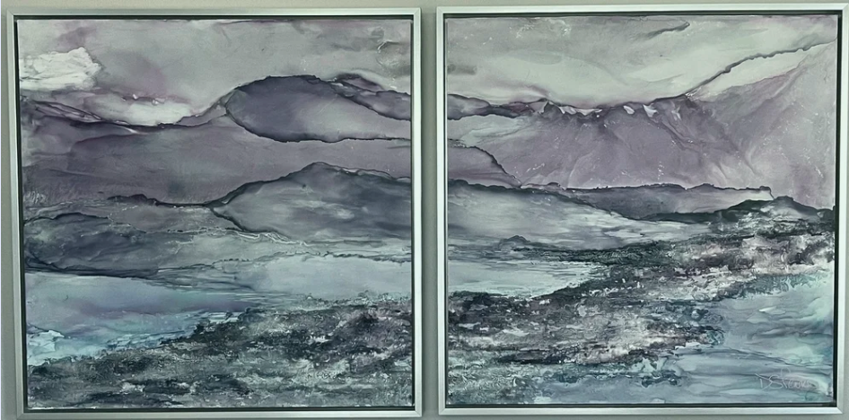 "Purple mountain majesty"- 54” x 28” (together): Alcohol Ink on Nara Paper. 