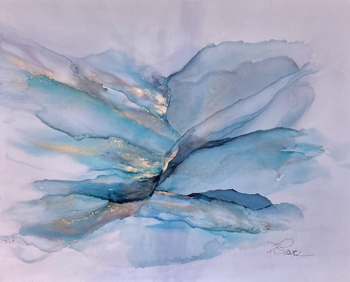 "Aqua’s Golden Softness"- 36'“ x 40”: Alcohol inks on Nara paper. SOLD