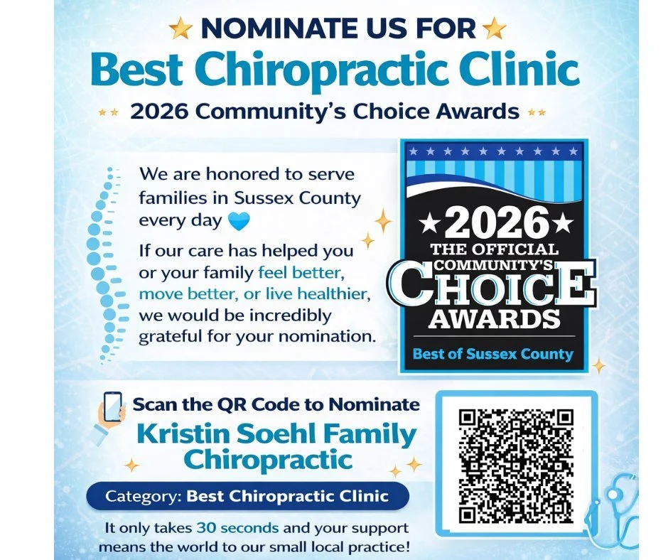 2026 Best of Sussex Community's Choice Awards Nomination Ballot

It's that time of year again! We want to defend our title of "Best
Chiropractic Clinic" in the Best of Sussex County Community's Choice
Awards. We need your help! The nominati