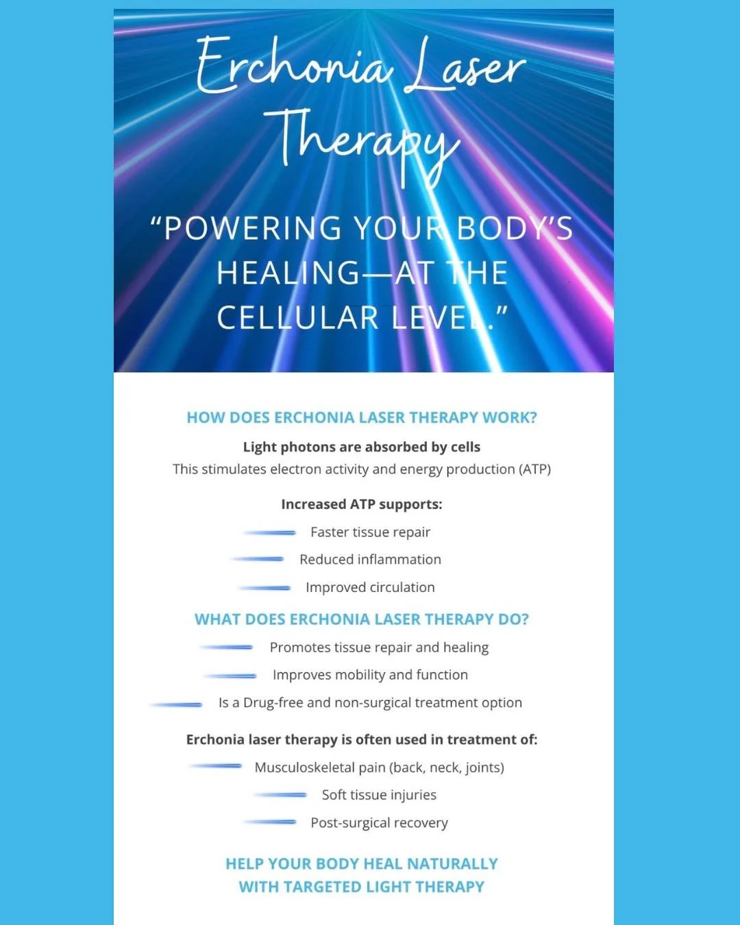 ✨ Heal smarter, not harder ✨

Erchonia Laser Therapy works at the cellular level to:

✔️ Reduce inflammation
✔️ Speed healing
✔️ Improve function

Perfect for pain, injuries, and recovery.

📅 Book your session today and experience the difference!

?
