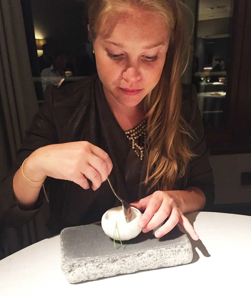 A dish at Martín Berasategu, served in a 'sea urchin'.