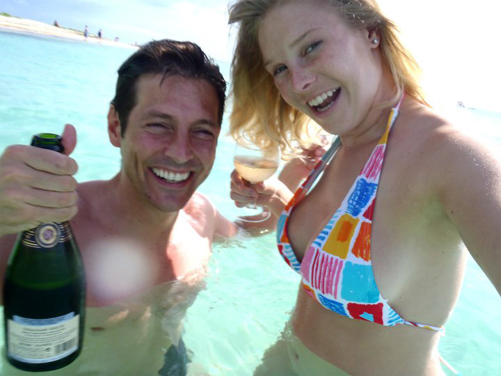 Celebrating our anniversary season with Champagne in the sea in Mauritius (2011).