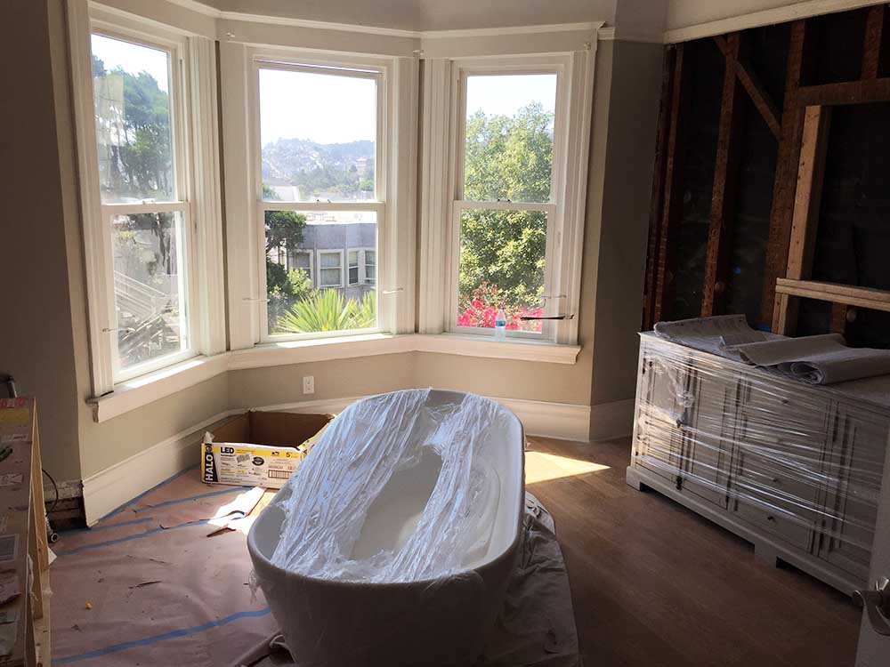 Getting ready to place the bath and vanity. 