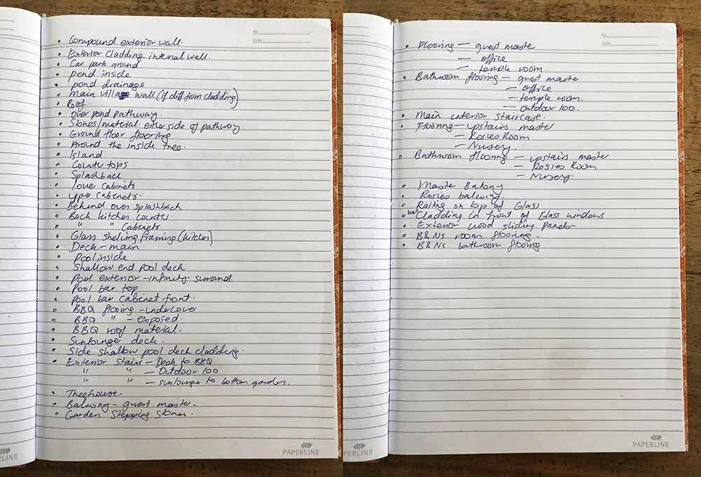 My list of materials to finalize. Yikes!