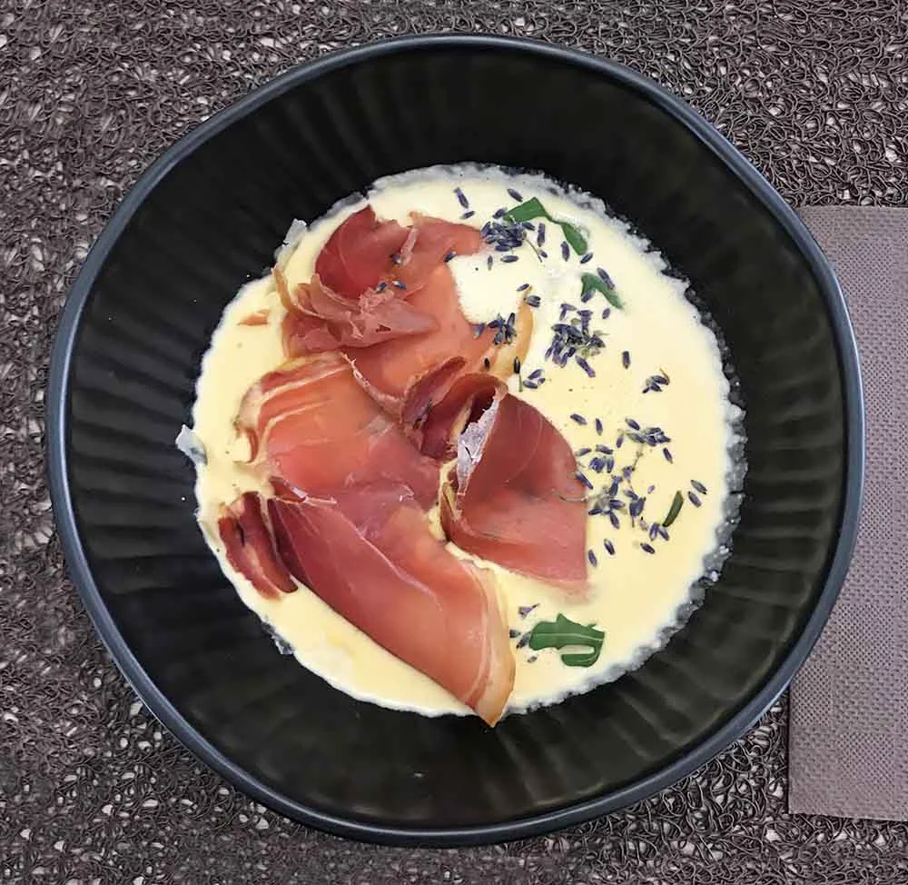 A very delicious Parmesan soup with Jamón serrano and lavender at Le Vic de Lomagne , one of our favorite restaurants in a neighboring village. 