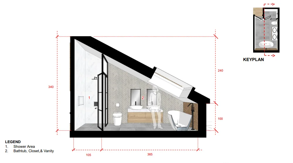 A sectional of the master bathroom. A skylight has been designed over the tub to allow create head-height.
