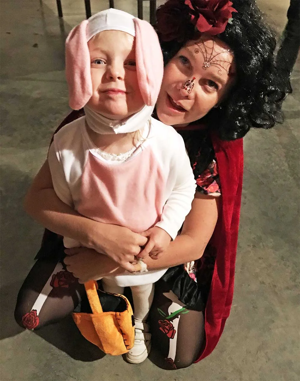 Rosie dressed as a bunny, and me dressed as a Day Of The Dead Bride. I’m not sure where I’m looking, possibly at someone else’s camera!