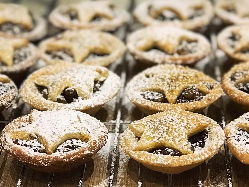 Homemade mince pies; we added almond meal and orange blossom to the pastry, and lots of Cognac to the fruit mince.