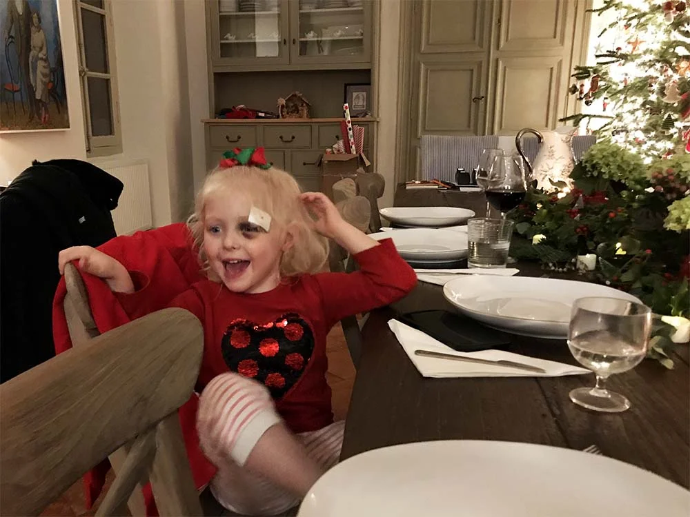 Rosie enjoying the festive vibes, eye patch and all.