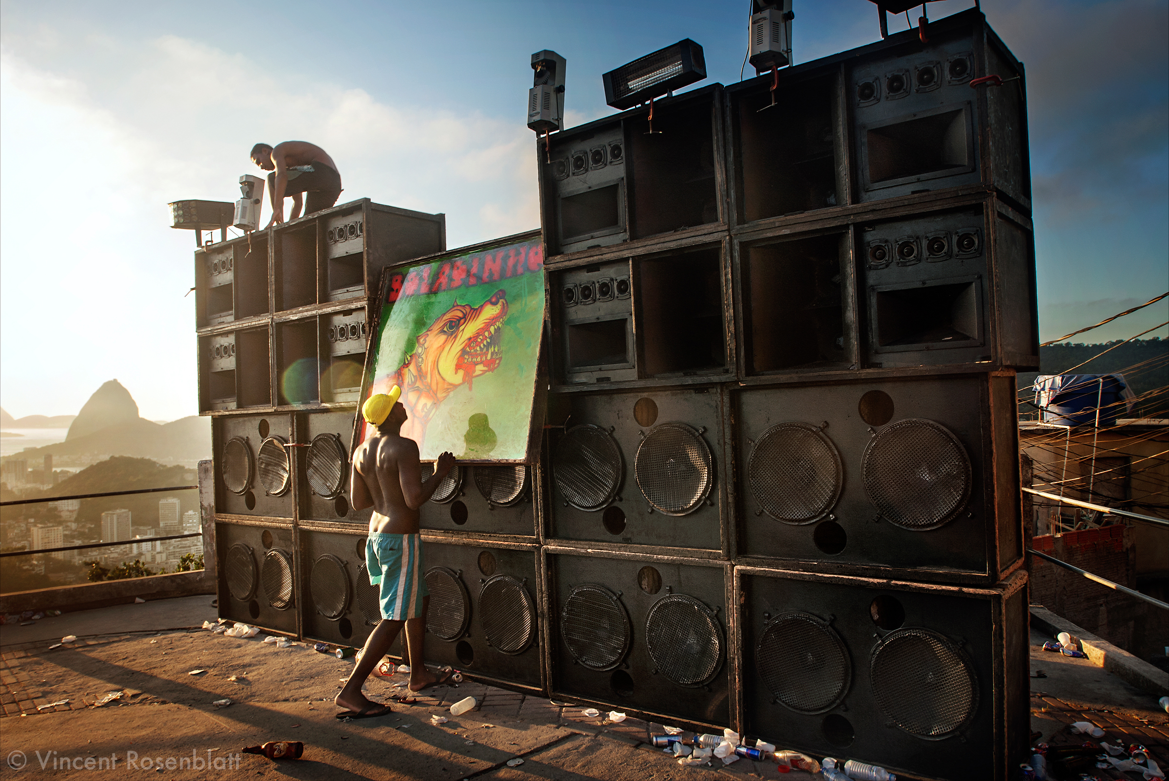  7AM. Dismounting the soudsystem Pitbull - Boladinho after the "baile funk” on the top of the favela Morro dos Prazeres. Rio de Janeiro 2007.  