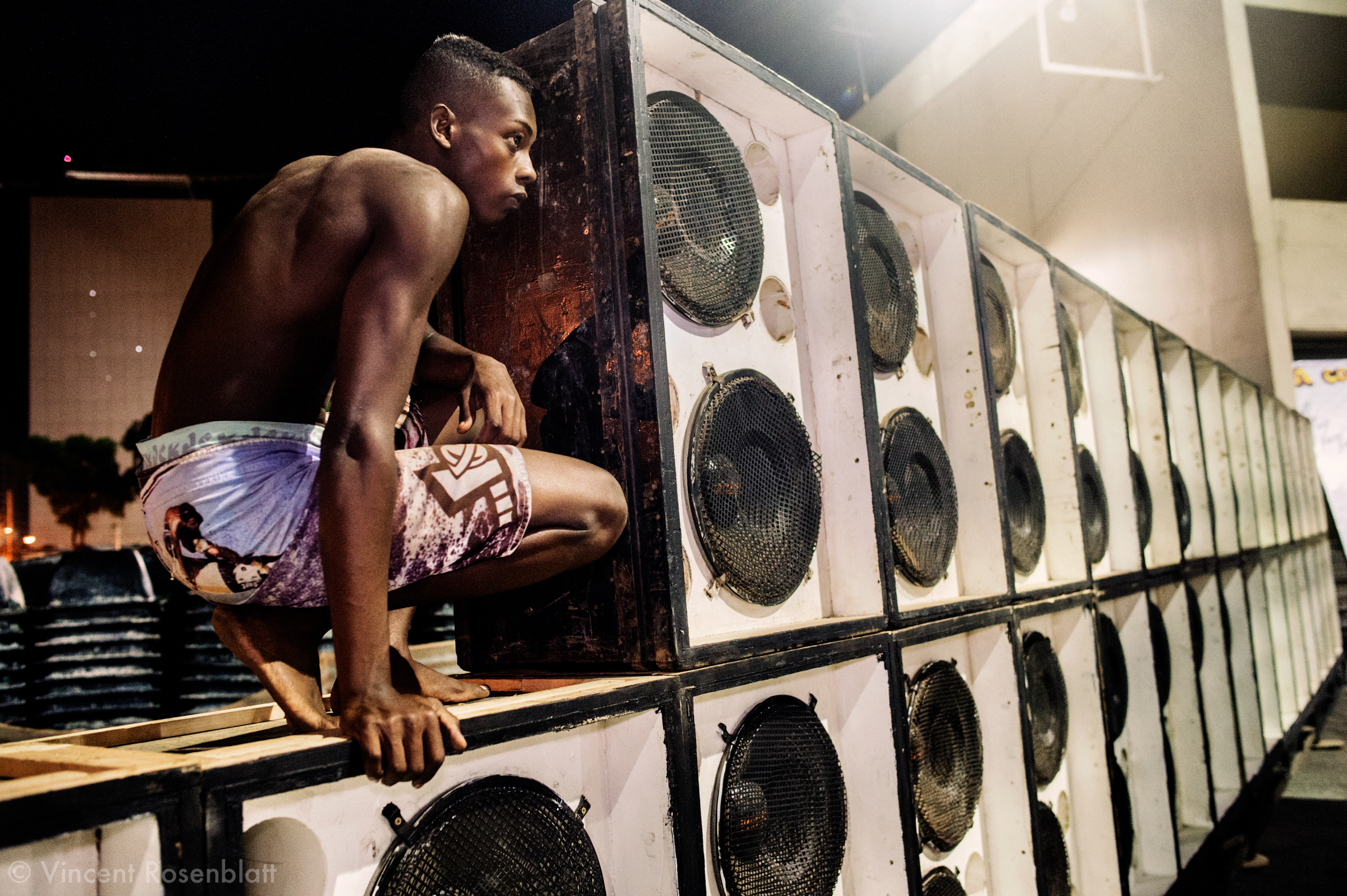  Roadies assembling a soudsystem for the "Rio Parada Funk" (Rio Funk Parade 2014) inside the Sambodromo. 