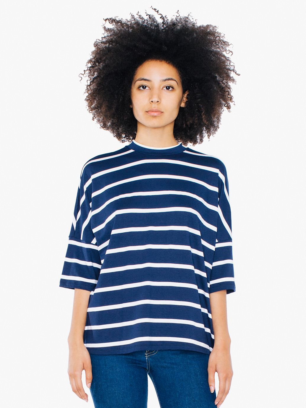 Striped Compact Jersey Mock Neck T-Shirt