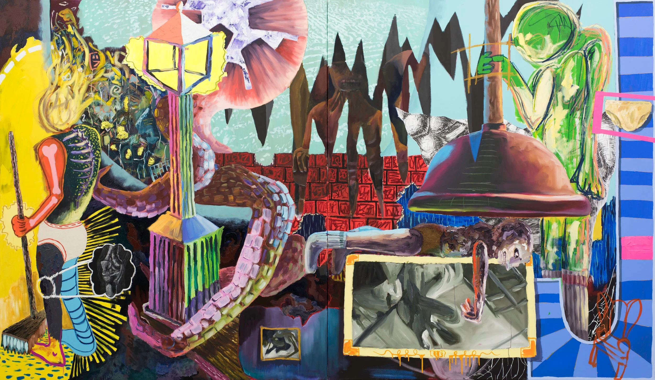 Untitled oil, acrylic, oil stick, beeswax, tape, pigment powder, shellac, collaged fabric, and white charcoal on canvas, 84x144 inches 2018