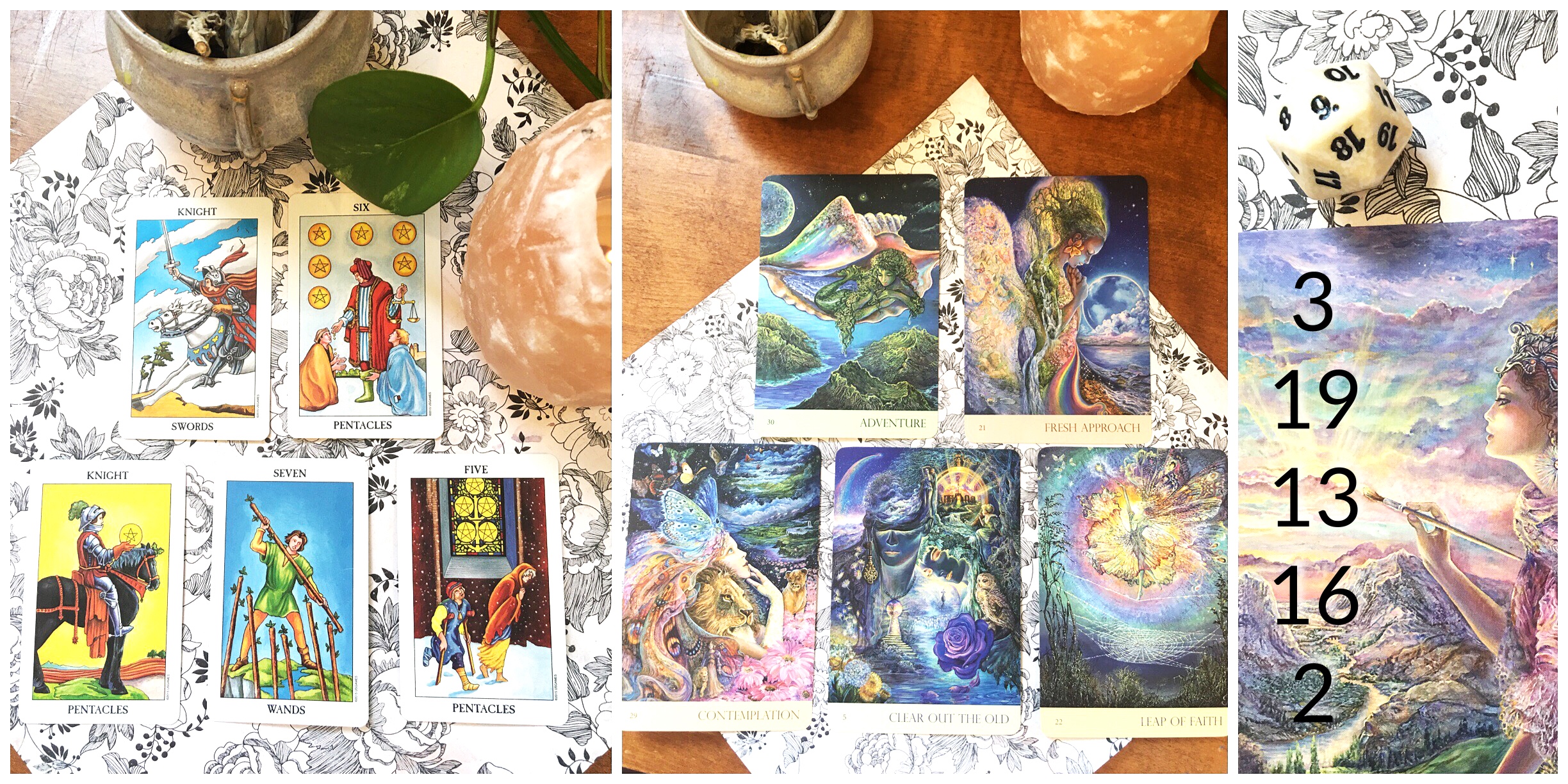 3 Reading Options; from left to right, Radiant Rider Waite Tarot, Nature's Whispers Oracle Cards, and the Willows East Dice System