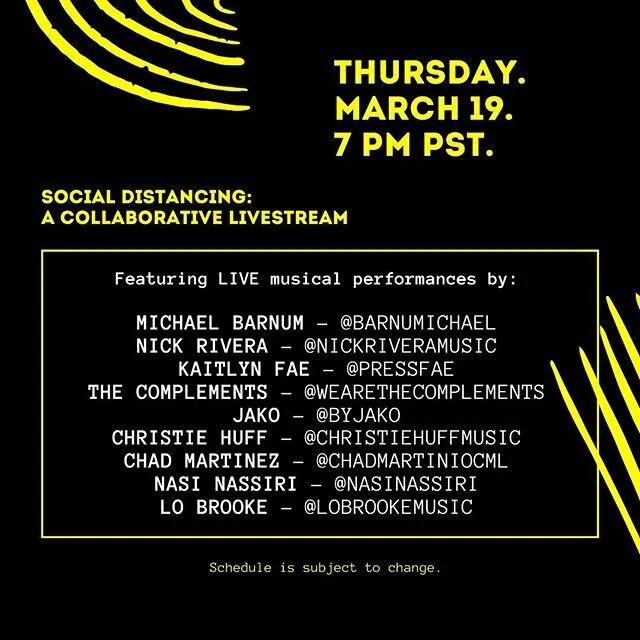 Times are hard right now but that doesn&rsquo;t mean we have to stop doing what we love. TOMORROW 3/19, I&rsquo;m pleased to announce that I&rsquo;ve coordinated &ldquo;SOCIAL DISTANCING: A COLLABORATIVE LIVESTREAM.&rdquo; All night long we&rsquo;ll 
