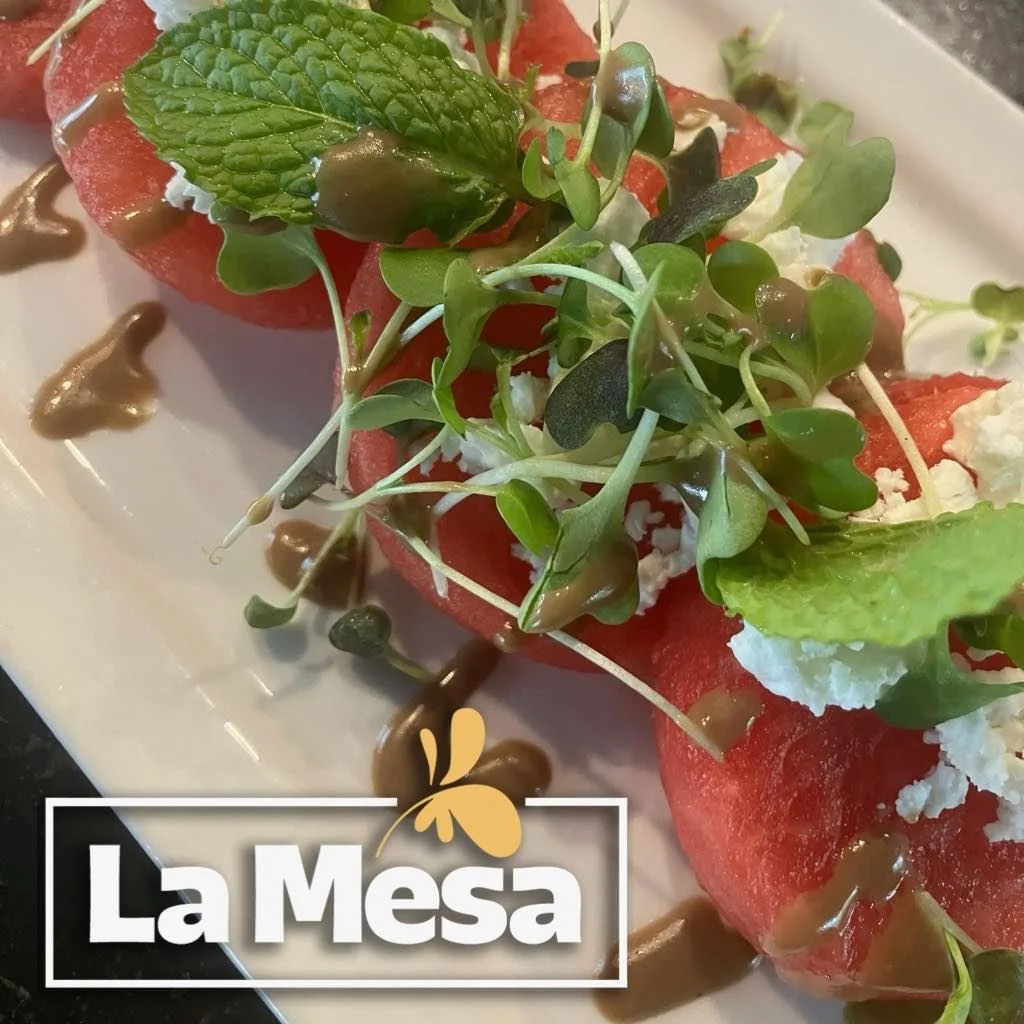 Watermelon salad with fresh mint, balsamic vinaigrette, feta and micro greens. A lovely companion when dining on the patio. ☀️