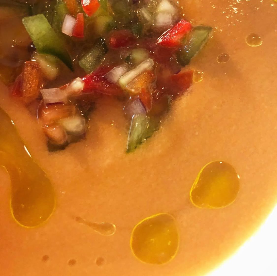 Gazpacho is back for the season. Tomato, cucumber, and olive oil&mdash;cool and bright on a warm day.