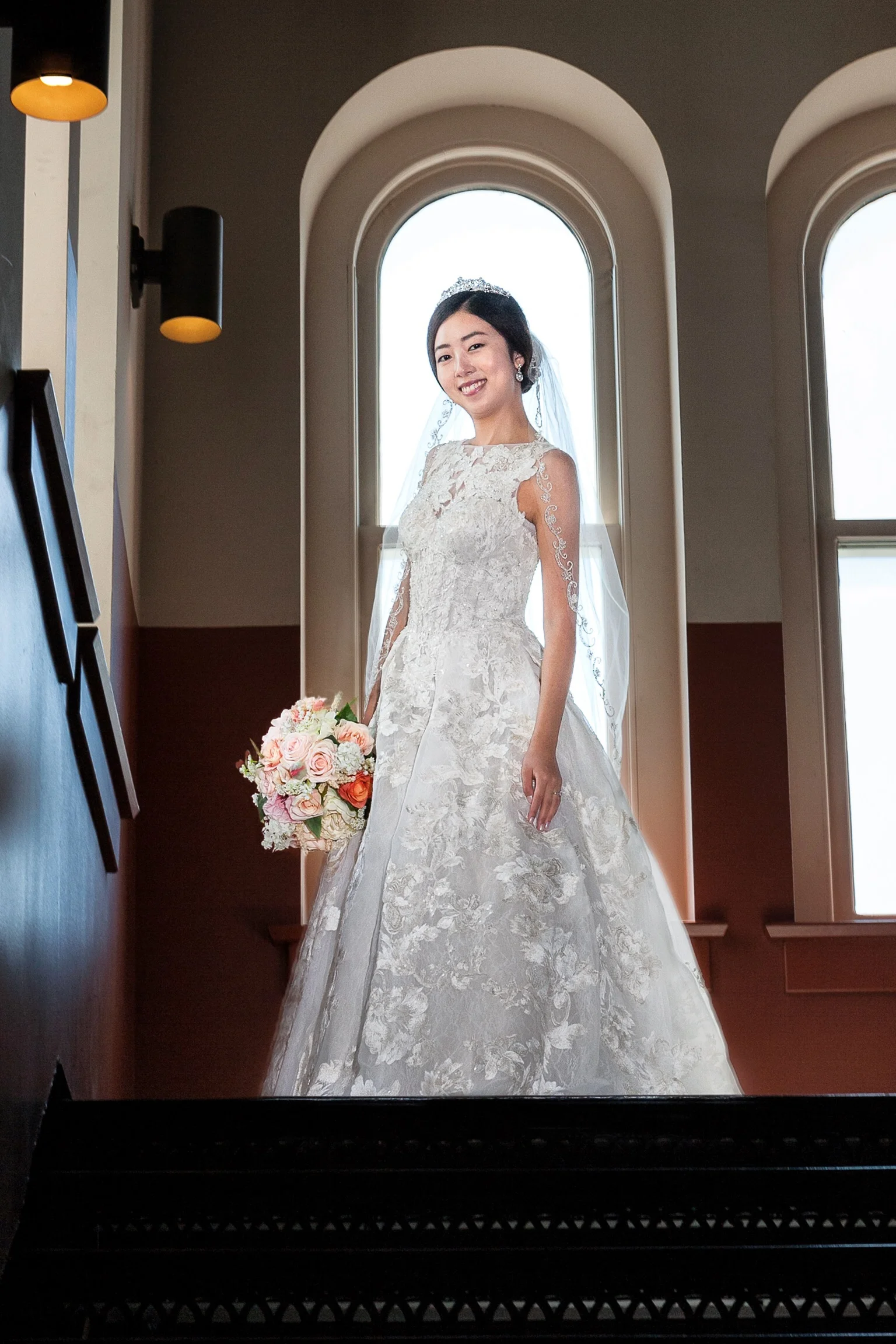 louisville wedding photography, bride on stairs, wedding gown, bouquet, old medical school building, louisville 