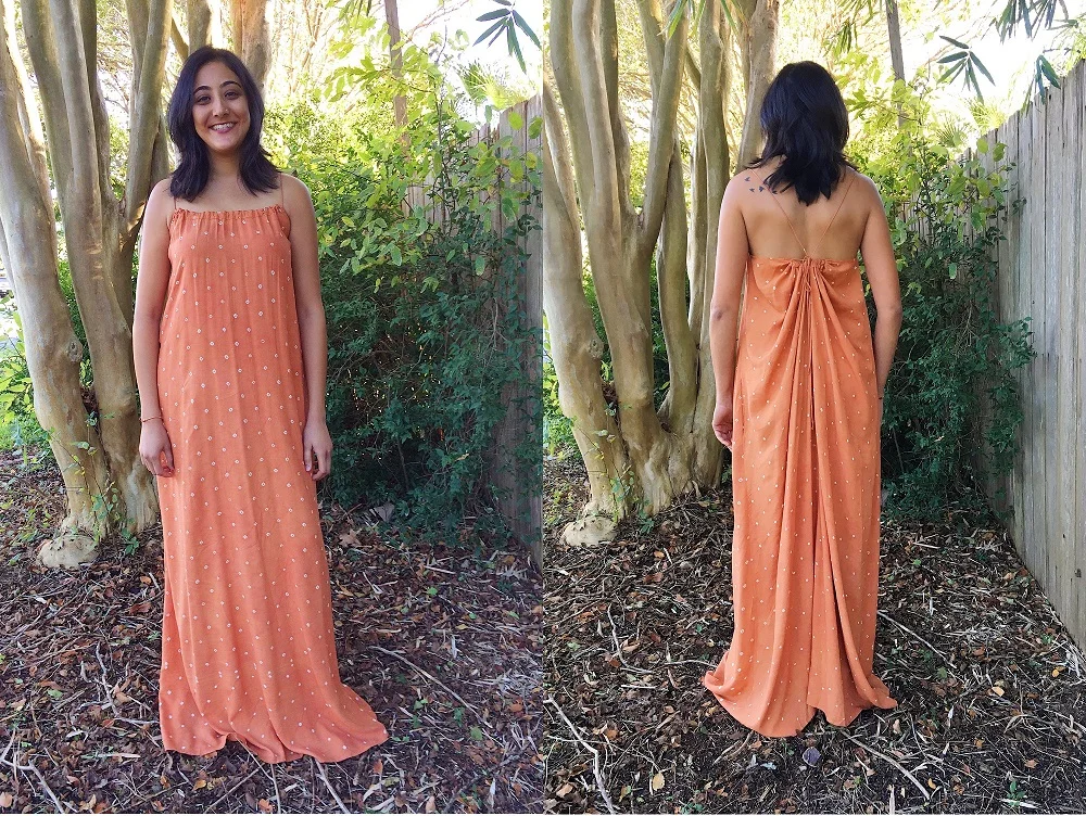 Look 4 | This look is created by restringing the back of the original 6>1 maxi Look 1. To recreate this back, take the string out of the back side openings, and restring using the center holes. Once the strings have come out from the back sides, bring both strings from both sides to the center and crisscross tie with the original strings in the middle of the back in a bow. 