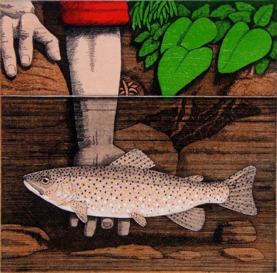 Tickling trout, etching with relief, 30x30 cm..JPG