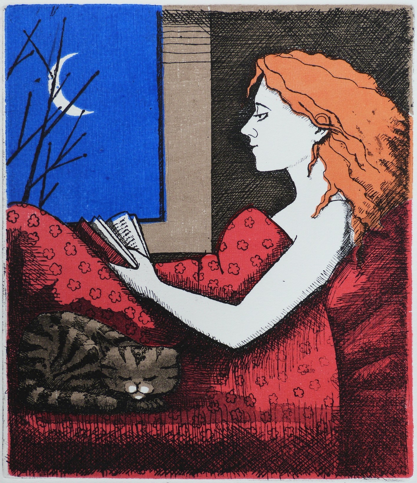 Reading with cat, etching with woodcut, 21x18 cm..JPG