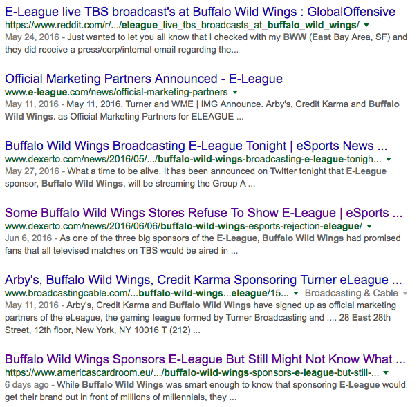 Buffalo Wild Wings and E LEAGUE Google Results (Photo: Google)