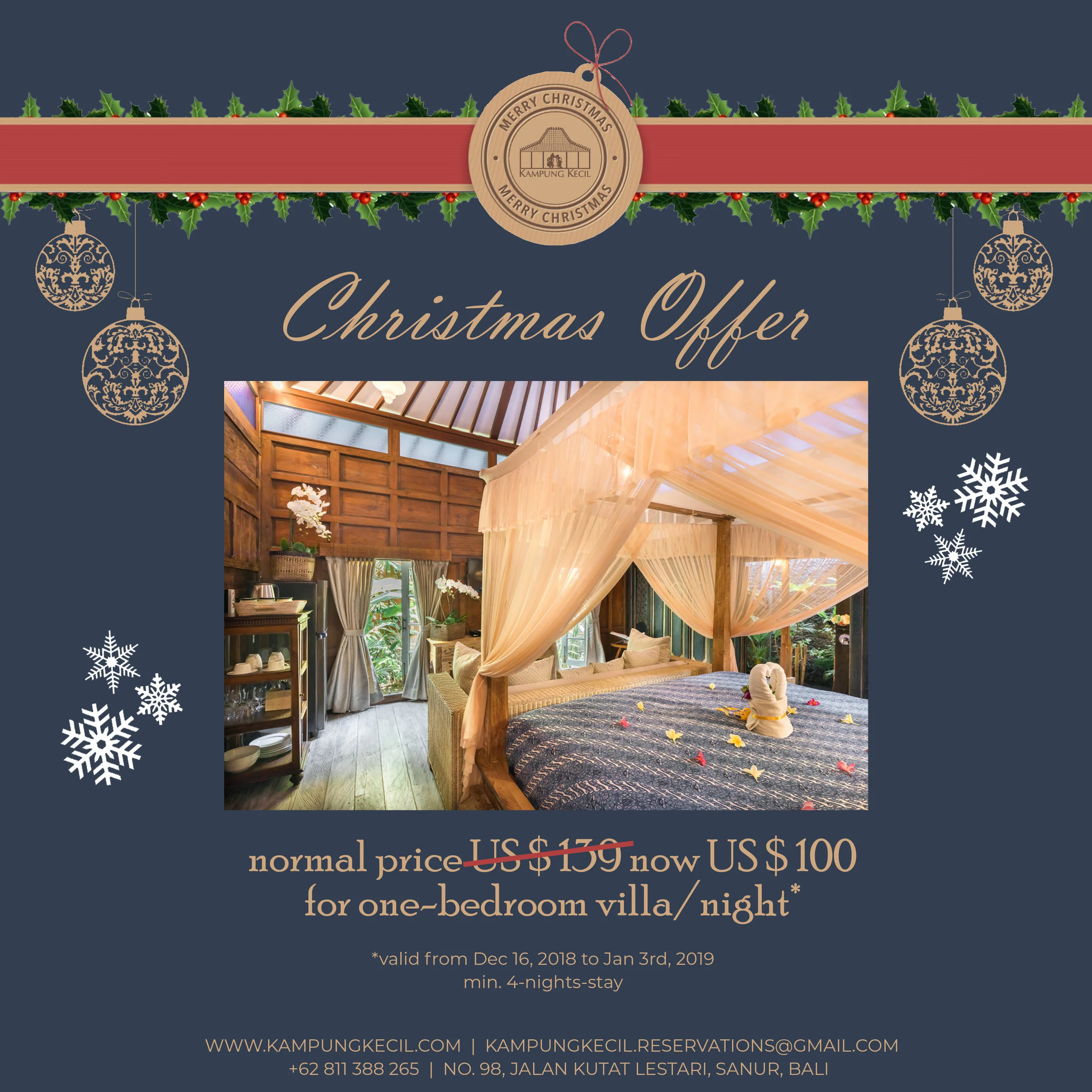 *UP TO 30% OFF* Enjoy Christmas or New Year's Eve in one of our 1- or 2-bedroom villas incl. breakfast, airport transfer and Sanur area shuttle. Price starting from US $ 100 per night.* *valid from Dec 16, 2018 to Jan 3rd, 2019 for a min. 4-nights-stay
