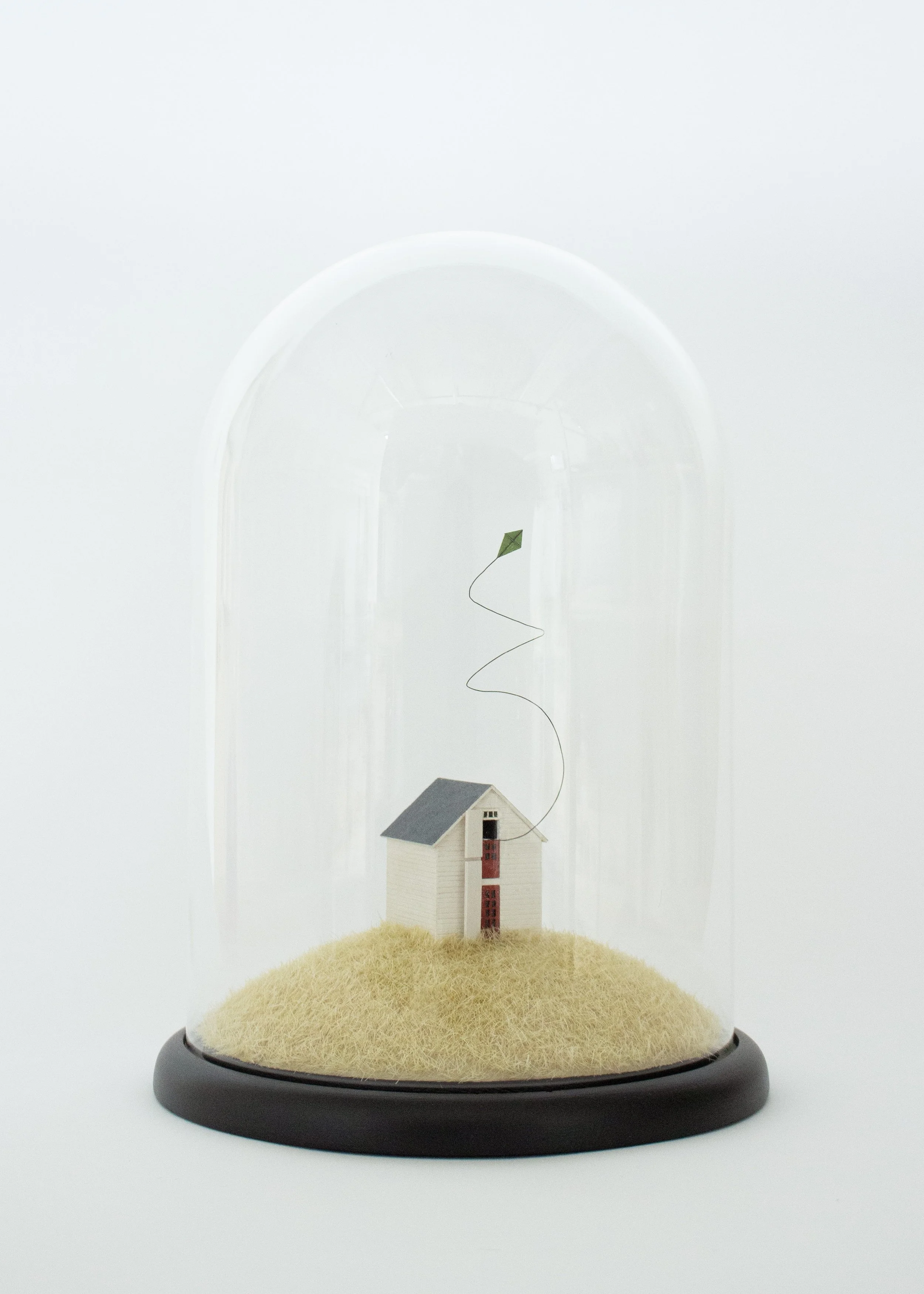 The Ice House 2025 13 in x 9 in x 9 in Glass cloche, wood, foam, static grass, wire, paper, acrylic and enamel paint