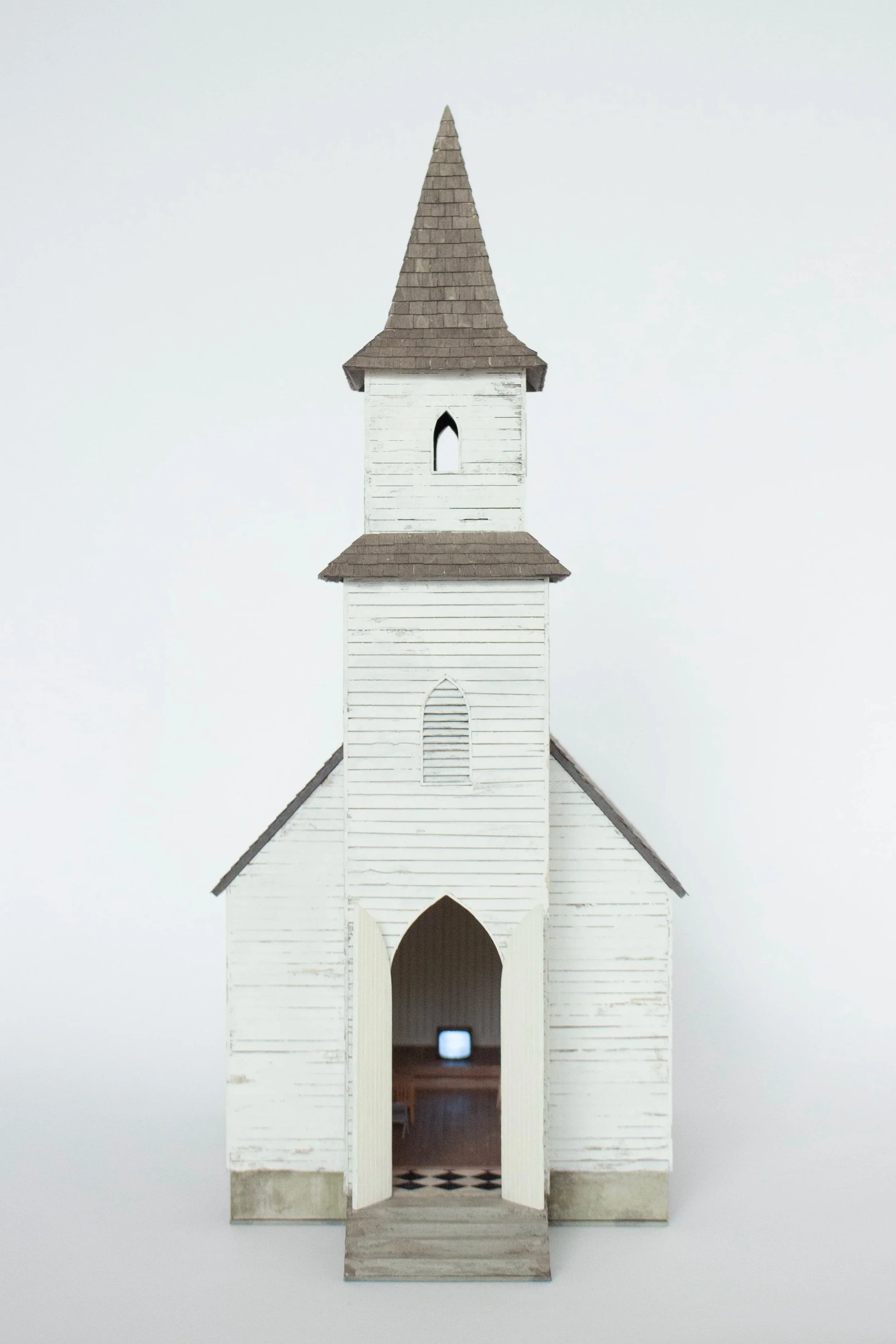   Center for Modern Worship  2025 20 in × 8 in × 14 in Wood, paper, wire, resin, acrylic paint, LED light  