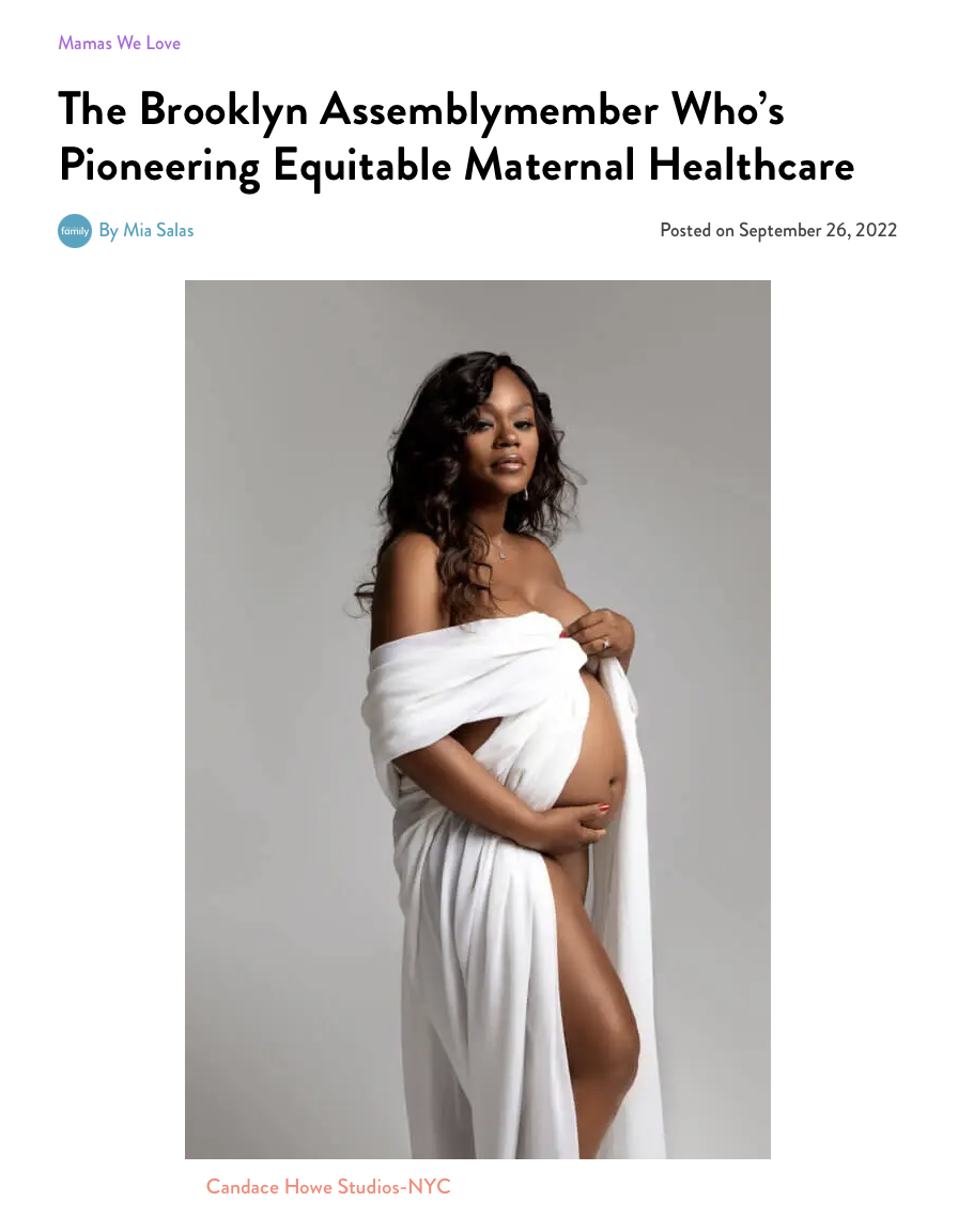 Featured article on NYC Assemblymember Brochette featuring maternity photography by Candace Howe Studios
