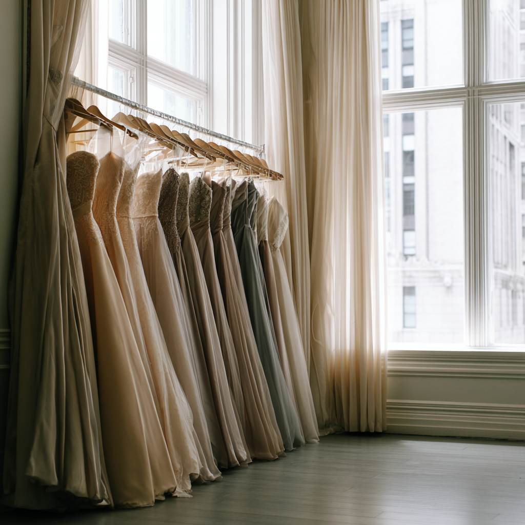 A natural light studio featuring various silk and tulle gowns in NYC