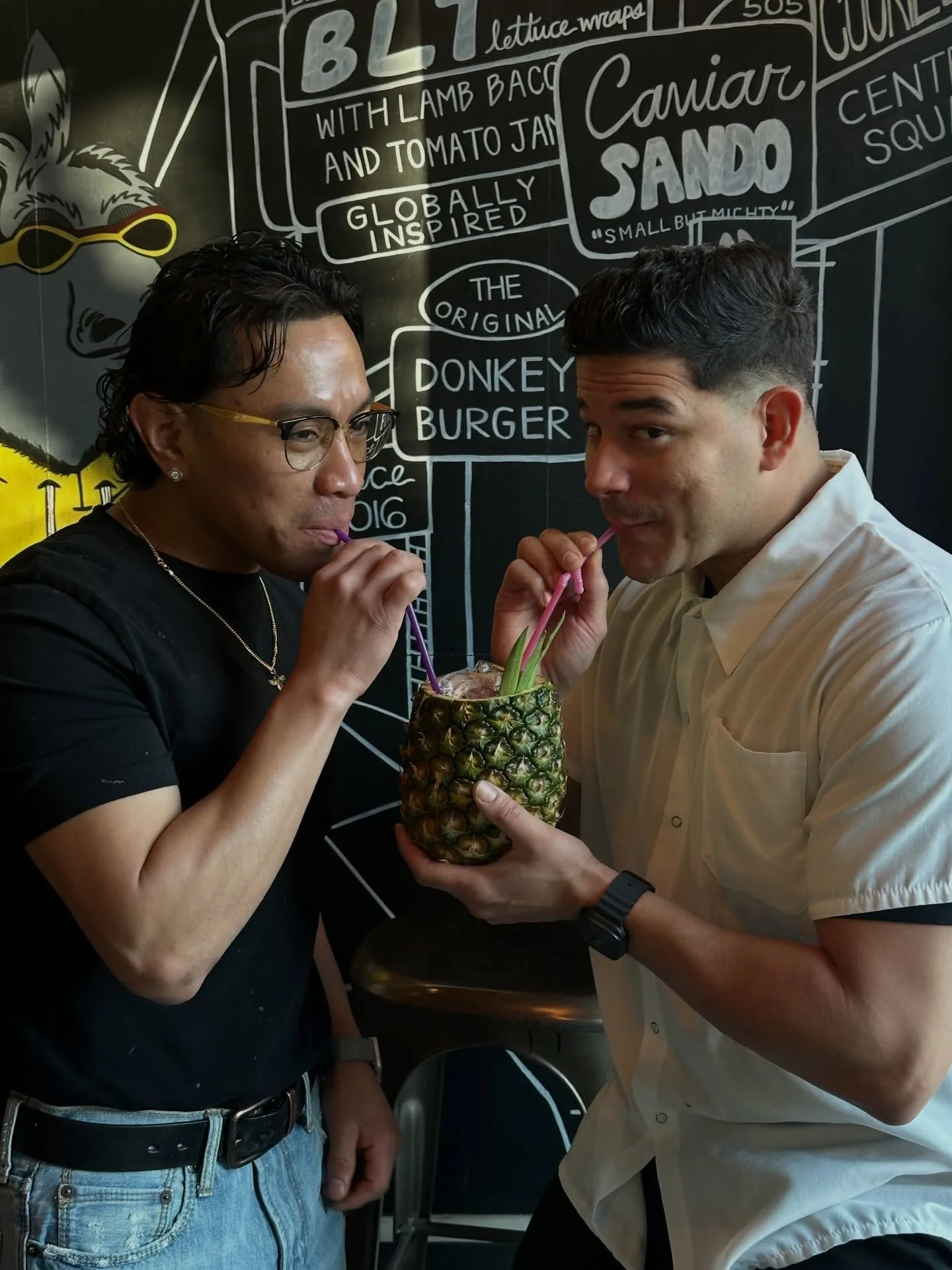 v-day weekend starts now 🤭 five new drinks only available tonight and tomorrow, including this one in a pineapple, made for ✌️