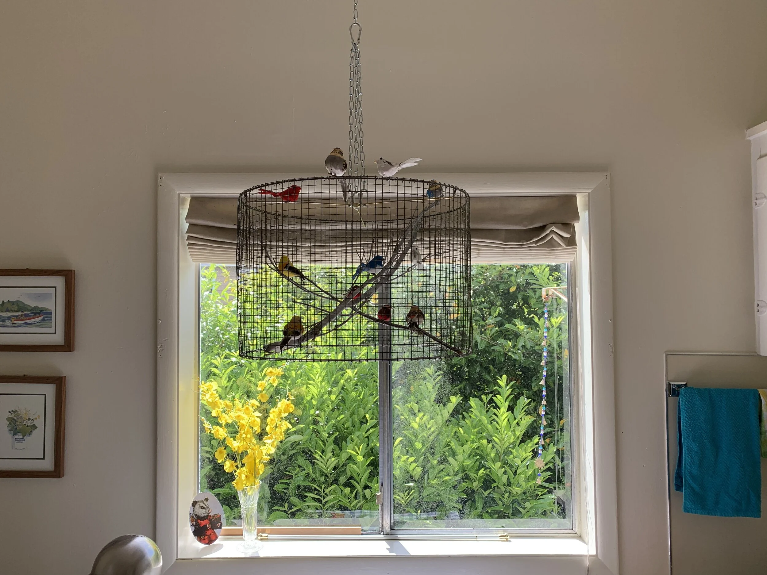 Life in Astoria, Oregon. 1/2” x 1/2” Mesh Wire Hanging Pendant @ 18” Radius x 12”h with (11) birds perched on Oak Branches