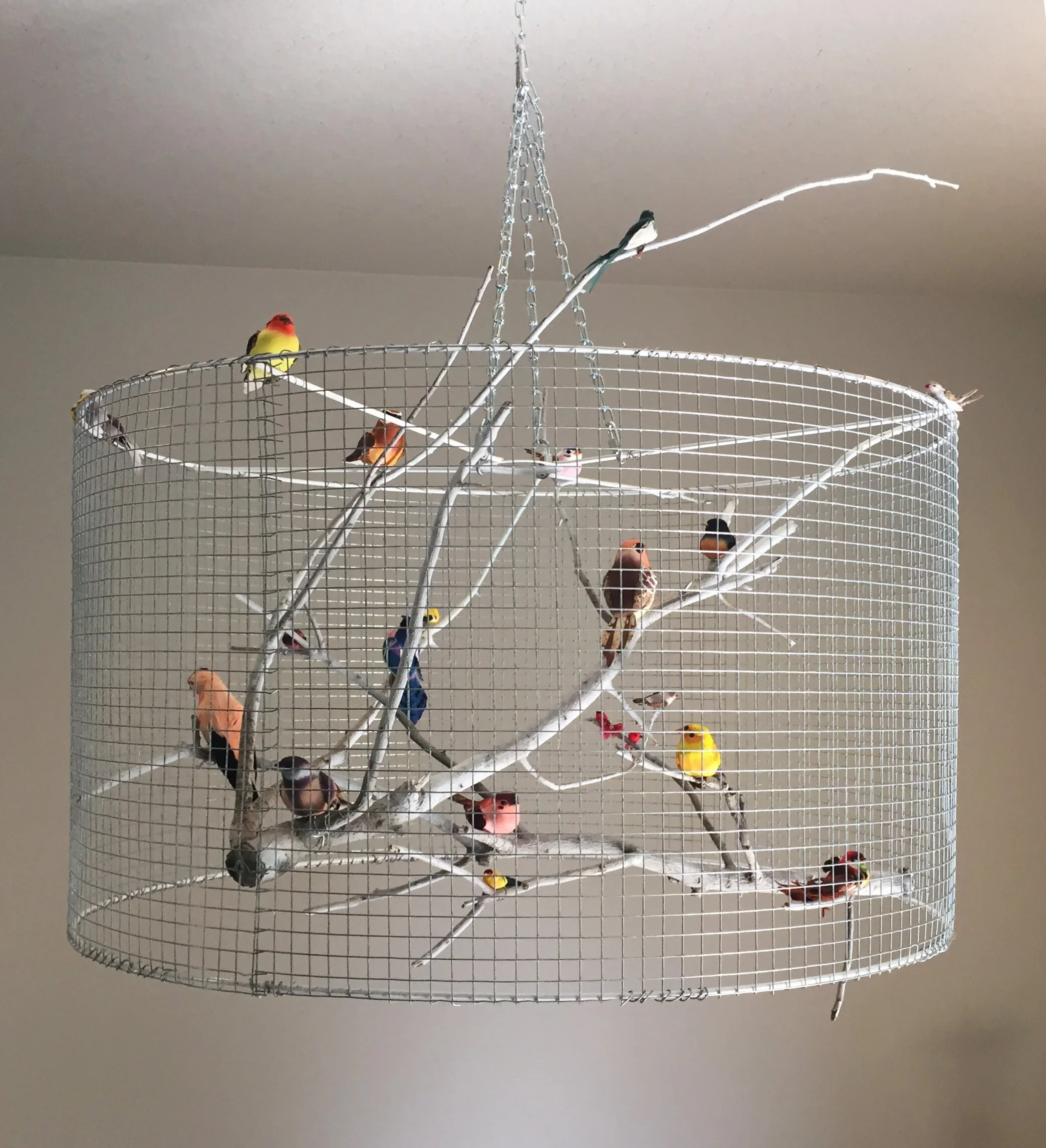 Initial Prototype: 1/2” x 1/2” Mesh Wire Hanging Pendant @ 28” Radius x 16”h with (21) birds perched on white glazed Vine Maple Branches