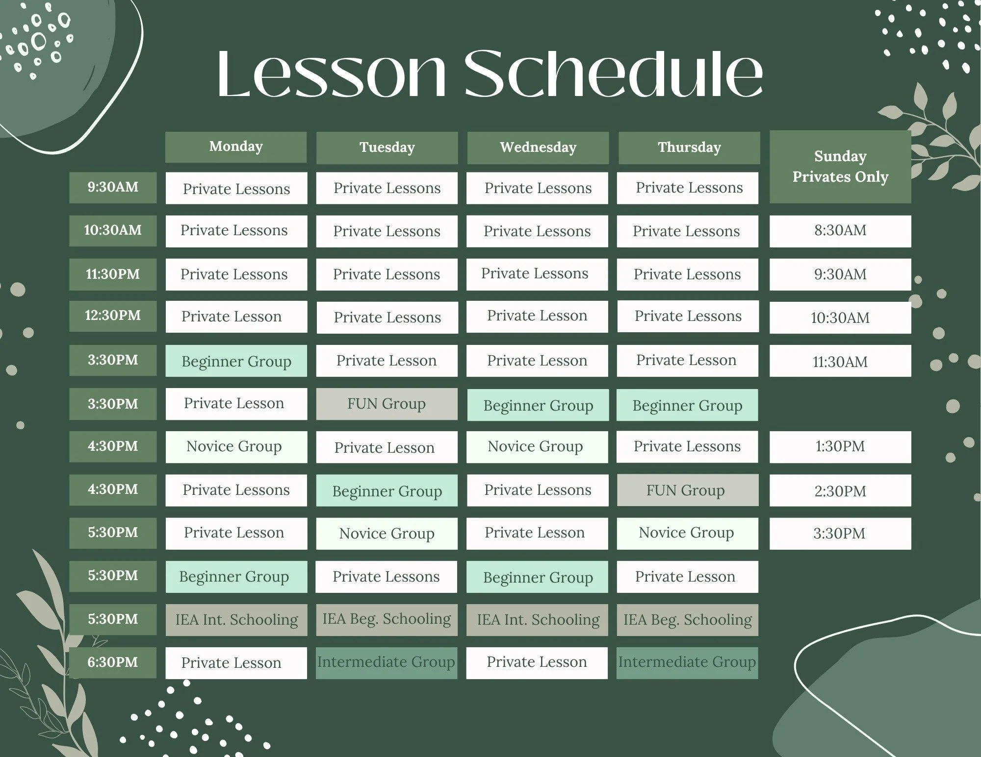 Lesson Schedule — The Stables at Frederica
