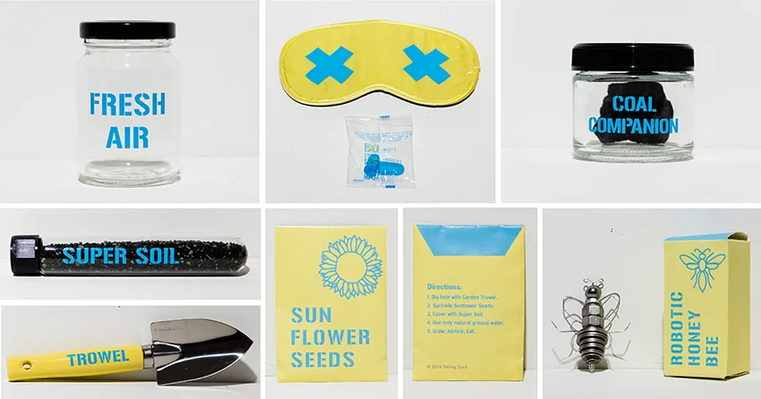 Jar of Fresh Air, Eye Mask & Ear Plugs, Coal Companion, Vile of Super Soil, Garden Trowel, Packet of Sunflower Seeds, Robotic Honey Bee