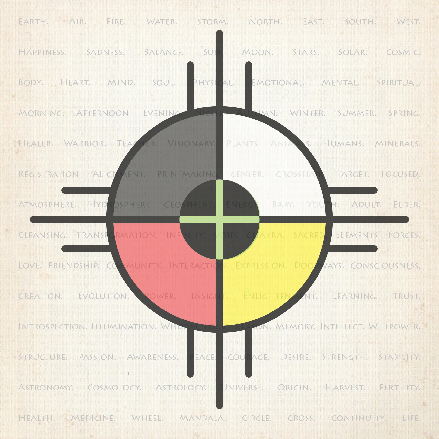 76/100: I've been obsessing over this concept for a while now: combining a registration mark with the Native American symbols and concepts of the medicine wheel including happiness, life balance, and creation. This icon represents my love for achieving joy in life via printwork.